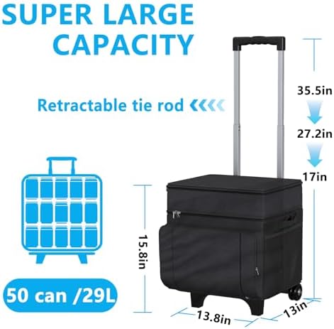 Cooler with Wheels and Handle, 50 Can Rolling Cooler, Portable Collapsible Soft Cooler Bag with Wheels,Leakproof Insulated Wheeled Cooler for Beach, Camping, Patio Travel, Outdoor, Ball Fields