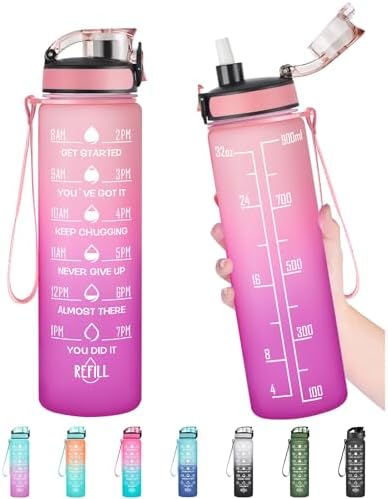 Enerbone Water Bottle, Leakproof BPA & Toxic Free, Motivational Water Bottle with Times to Drink and Straw, Fitness Sports Water Bottle with Strap for Office, Gym, Outdoor Sports