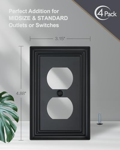 4-Pack Black Outlet Covers, Metal Duplex Wall Plates for Receptacles, Light Switch, Durable Electrical Outlet Cover Plates, 3.15''*4.88'', Midsize