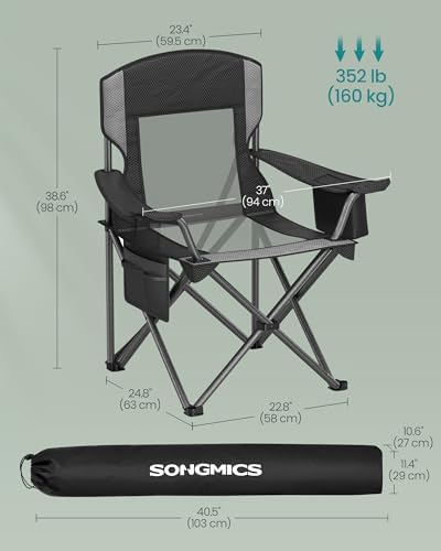 SONGMICS Camping Chair, Folding Lawn Chair with Cooler Bag, 352 lb Weight Capacity, Adjustable Armrests with Cup Holder, Storage Bag, Breathable Nylon Mesh, for Sports Games, Ink Black UGCB060B01