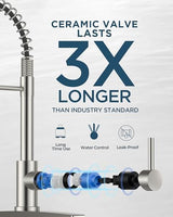 FORIOUS Kitchen Faucet with Soap Dispenser, Burhsed Nickel Stainless Steel Single Handle Modern Spring Commercial Sink Faucet with Pull Down Sprayer for RV Camp Bar Farmhouse