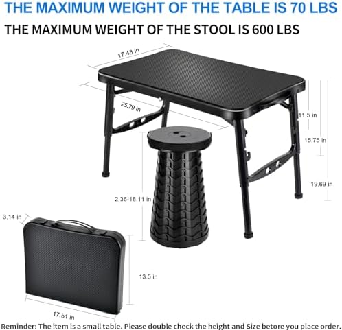 Retractable Small Folding Table and Stool Set, Portable Camping Foldable Table Lightweight Yet More Sturdy with Adjustable Stool for Outdoor Picnic, Beach, Camp, Also Ideal as Lap Desk, Bed Table