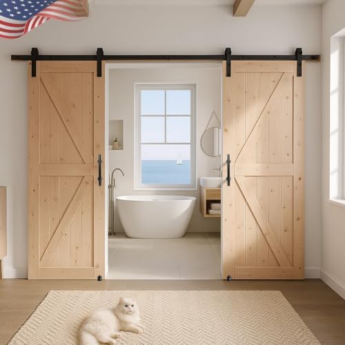 S&Z TOPHAND 36 in. x 84 in. Unfinished British Brace Knotty Barn Door with 6.6FT Sliding Door Hardware Kit/Solid Wood/Sliding Door/Double Surfaces/A Simple Assembly is Required