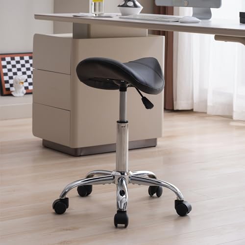 FIRAVOE Saddle Stool, Swivel Saddle Stool with Wheels, Adjustable Rolling Stool 18"-26", Faux Leather Rolling Saddle Stool for Salon, Massage, Clinic, Lab, Office (Black, 1PCS (18"-26"))