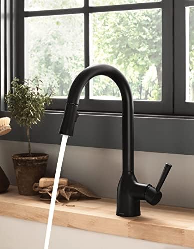 Moen Adler Matte Black One-Handle High Arc Kitchen Sink Faucet with Power Clean, Modern Kitchen Faucet with Pull Down Sprayer, 87233BL
