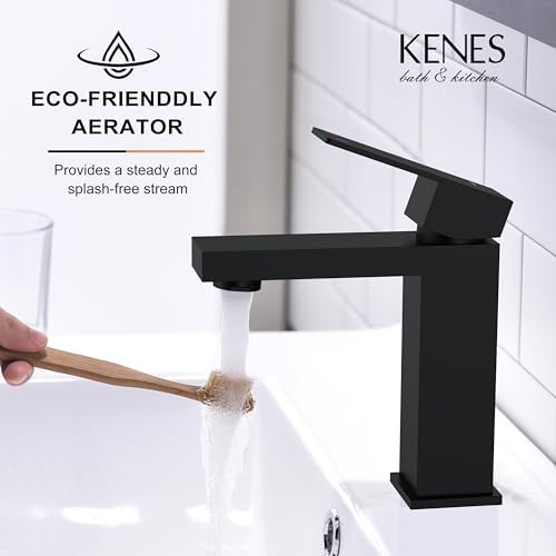 KENES Matte Black Single Handle Bathroom Sink Faucet, Stainless Steel Vanity Faucet for Bathroom Sink, with Pop Up Drain Stopper & Water Supply Hoses LJ-9031-2