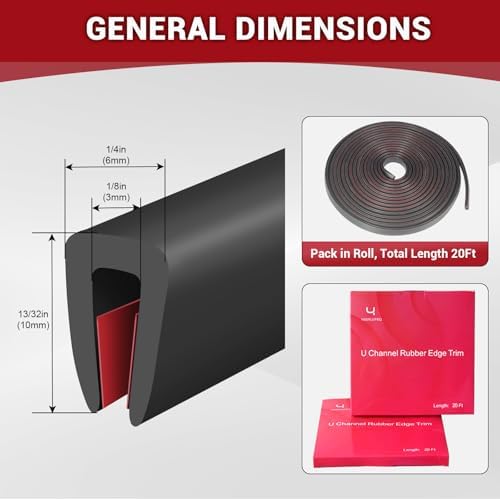 EPDM Rubber Edge Trim, 1/8" Self Adhesive, Black, 20Ft, Fit for 3/32"-5/32" Width Edge, Weather Resistant, Easy to Cut, Bend, Install and Remove