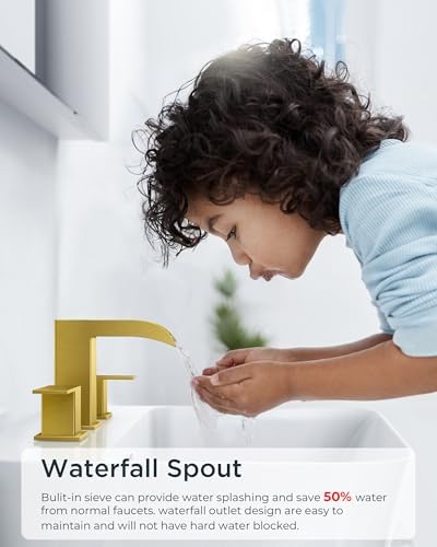 FORIOUS Square Brushed Gold Bathroom Faucets 3 Hole, Waterfall 8 Inch Widespread Bathroom Sink Faucet with Metal Pop-up Drain and Supply Lines, Two Handles for Vanity, Lavatory, Restroom