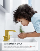 FORIOUS Square Brushed Gold Bathroom Faucets 3 Hole, Waterfall 8 Inch Widespread Bathroom Sink Faucet with Metal Pop-up Drain and Supply Lines, Two Handles for Vanity, Lavatory, Restroom