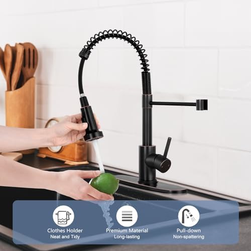 DJS Kitchen Faucets with Pull Down Sprayer Oil Rubbed Bronze -【High Arc】 Single Handle 1 or 3 Holes Spring Kitchen Sink Faucet with Deck Plate for Farmhouse RV Vessel Basin