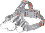 Headlamp Flashlight, Super Bright LED Rechargeable Headlight - 3 Lights 5 Modes,Zoomable, Spotlight&Floodlight Combination,IPX6 Waterproof, 20+Hrs Runtime for Running,Camping etc-Gray