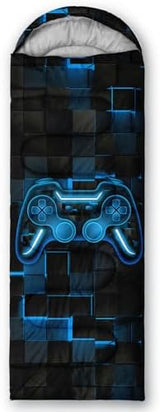 Axolotl Gamepad Sleeping Bag,3 Season Warm and Cool Weather Game Console Sleeping Bag for Boys Teens,Waterproof Lightweight Geometry Hexagonal Sleeping Bag for Traveling,Outdoors Camping,Blue,Black