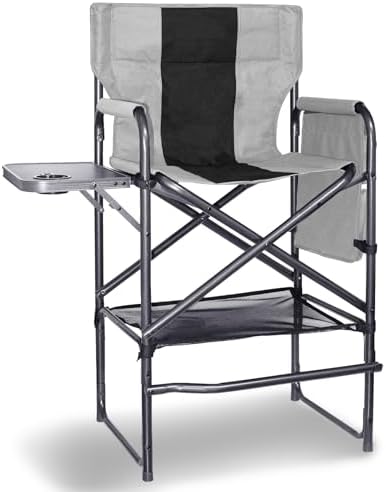 30" Tall Directors Chair with Side Table, 400LBS Bar Height Folding Camping Chair for Makeup Artists, Outdoor Events, Portable Foldable Chair with Cup Holder & footrest - Gray/Black