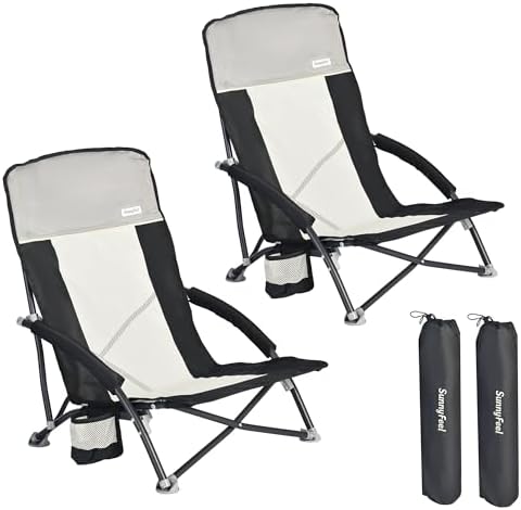 SUNNYFEEL Folding Low Camping Beach Chair 2 Pack, Lightweight Portable Lawn Chair with Mesh Back, Cup Holder for Outdoor/Travel/Picnic/Concert, Foldable Camp Backpack Chair with Carry Bag