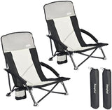 SUNNYFEEL Folding Low Camping Beach Chair 2 Pack, Lightweight Portable Lawn Chair with Mesh Back, Cup Holder for Outdoor/Travel/Picnic/Concert, Foldable Camp Backpack Chair with Carry Bag