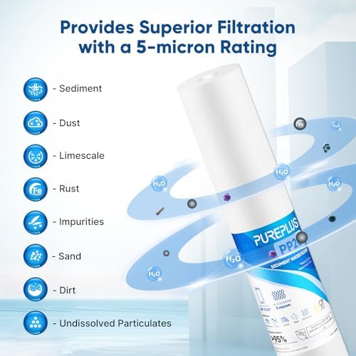 PUREPLUS 5 Micron 20" x 2.5" Whole House Sediment Home Water Filter, 20-inch Sediment Pre-Filtration, Replacement Cartridge Aqua Pure AP110-2C, Pentek P1-20/SP-P1-20/PX01-20, Watts FPMB5-20, 4Pack