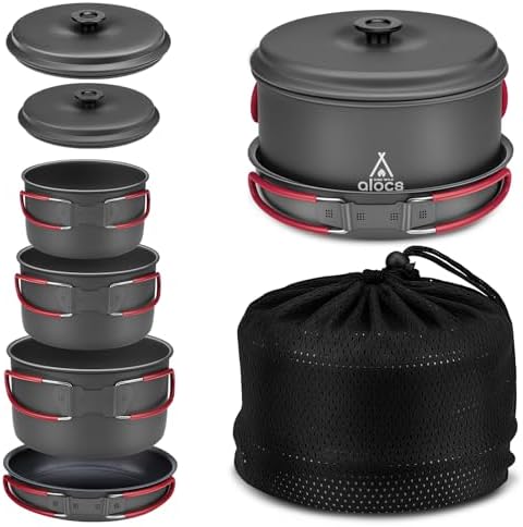Alocs Camping Cookware Set Camping Gear, Compact Camping Pots and Pans Set, Durable Hard Alumina Camping Cooking Set for Outdoor Backpacking Camping Hiking Picnic, Included Mesh Carry Bag.