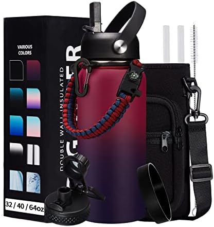 32OZ Insulated Water Bottle with Straw - Spout Lid, Sweat-Proof & BPA-Free Metal Reusable Water Bottles, Wide-Mouth Vacuum Insulated Bottle with Paracord Handle, Bottle Sleeve Bag & Protective Boot
