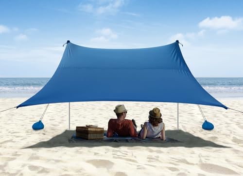 Beach Tent, Camping Sun Shelter 10 x 10ft, with 4 Sandbags, UPF50+, Includes Sand Shovel, Ground Pegs & Stability Poles, Pop Up Beach Canopy Sunshade for Fishing, Backyard Fun or Picnics (Navy Blue)