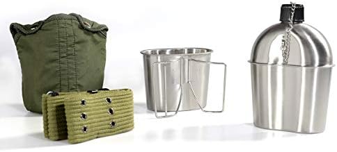 DARTMOOR G.I. Army Stainless Steel Canteen Military with Cup and Green Nylon Cover Waist Belt for Camping Hiking