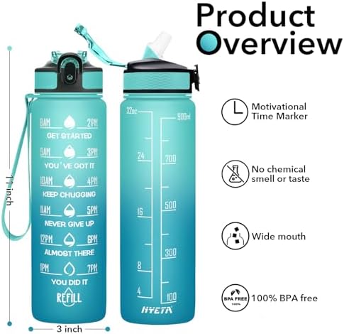 Hyeta 32 oz Water Bottles with Times to Drink and Straw, Motivational Water Bottle with Time Marker, Leakproof, Drinking Sports Water Bottle for Fitness, Gym and Outdoor