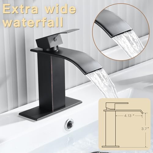 Fransiton Oil Rubbed Bronze Waterfall Bathroom Faucet Lavatory Single Handle 1 or 3 Hole Bathroom Sink Faucet Washbasin Faucet with Deck and Pop-up Drain (Short, Oil Rubbed Bronze)