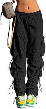 QYANGG Baggy Parachute Pants for Women& Girls Drawstring Elastic Low Waist Ruched Cargo Pants Multiple Pockets Jogger Y2K