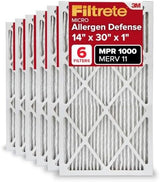 Filtrete 14x30x1 AC Furnace Air Filter, MERV 11, MPR 1000, Micro Allergen Defense, 3-Month Pleated 1-Inch Electrostatic Air Cleaning Filter, 6 Pack (Actual Size 13.81x29.81x0.81 in)