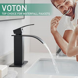 VOTON Black Bathroom Faucets Modern Waterfall Bathroom Sink Faucet Matte Black Single Handle Bathroom Faucet for 1 or 3 Holes with Deck Plate and Pop-Up Drain, Rv Sink Camper Farmhouse Bathroom Faucet