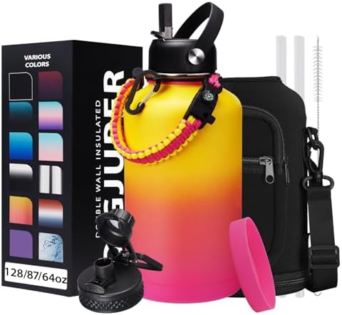 64oz Water Bottle Stainless Steel - with Paracord Handle, Straw & Auto Spout Lids, Shoulder Carrier Bag & Insulated Bottle Protective Boot, Sweat-Proof Half Gallon Metal Insulated Flask Wide-mouth