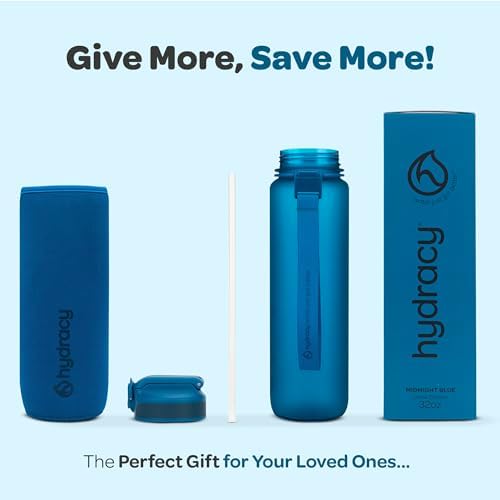 Hydracy Water Bottle with Time Marker -Large BPA Free Water Bottle & No Sweat Sleeve -Leak Proof Gym Bottle with Fruit Infuser Strainer & Times to Drink -Ideal for Fitness Sports & Outdoors