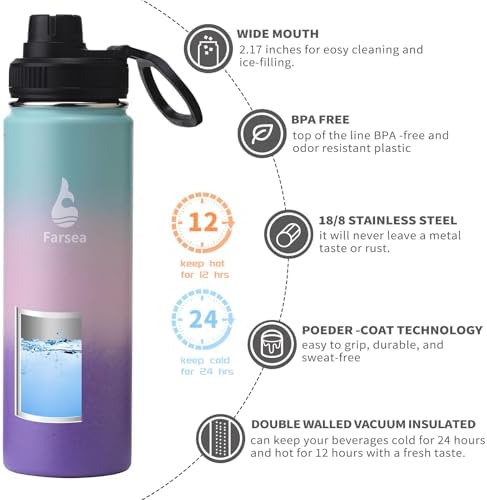 Farsea Insulated Water Bottle With Paracord Handle, Protective Boot and 2 Lids (Straw Lid & Spout Lid), Stainless Steel Water Bottle Wide Mouth, Double Wall Sweat-Proof BPA-Free, 24 oz