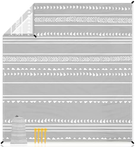 78''×86'' Large Beach Blanket for 4 Adults, Outdoor Beach Mat Sand Proof Waterproof with 4 Stakes & 4 Corner Pockets, Polyester Lightweight Comapct Grey Picnic Mat for Travel, Camping, Hiking