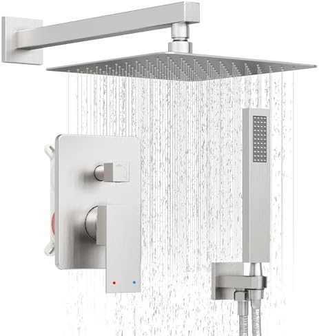 Brushed Nickel Shower System, Shower Faucet Set with 10-Inch Rain Showerhead and Handheld Spray, Wall Mounted High-Pressure Showerhead Combo Set Included Valve and Trim, Brushed Nickel