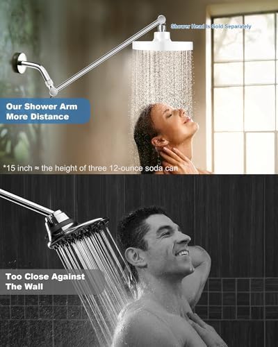 15 Inch Extra Long Adjustable Shower Head Extension Arm With Locking Set Screw, Singing Rain Brass Chrome Angle Height Adjustable, Easy To Install, G1/2 Universal Connector Compatible (Chrome Finish)