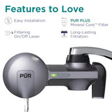 PUR PLUS Horizontal Faucet Mount Water Filtration System with 3-in-1 Lead Reducing Filter for Great-Tasting Filtered Tap Water, Lasts 100 Gallons, Fits Most Kitchen or Bathroom Faucets, Metallic Grey