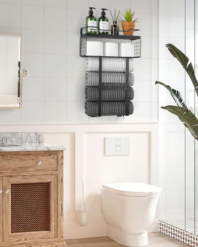 Wall Mounted Towel Rack for Bathroom - Bath Storage Holder Set Above Toilet, Rolled Towel Shelf Organizer, Wood Vertical Rack for Small Bathroom Decor, Black