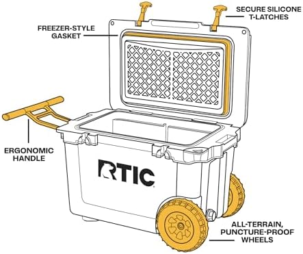 RTIC 52 Quart Ultra-Light Wheeled Hard Cooler Insulated Portable Ice Chest Box for Beach, Drink, Beverage, Camping, Picnic, Fishing, Boat, Barbecue, 30% Lighter Than Rotomolded Coolers