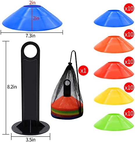 25/50/100/200 Pack Disc Cones, Agility Soccer Cones with Carry Bag and Holder, Soccer Cones for Sports Training, Football, Soccer, Basketball, Coaching, Practice Equipment, 5 Color