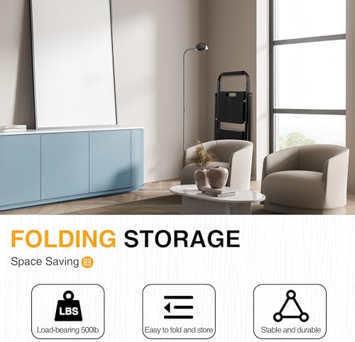 2 Step Ladder, Portable Steel Folding Step Stool with Wide Anti-Slip Pedal & Convenient Handgrip, 500lbs Sturdy Steel Ladder, Black