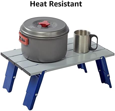 PORTAL Folding Mini Small Beach Table, Portable Aluminum Beach Table with Retractable Legs and Carry Bag for Outdoor Picnic/Cooking/Camp/Travel/Beach,15" L x 8" W x 6" H, Silver/Blue