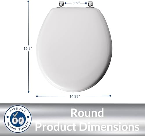 MAYFAIR 844CP 000 Edgewater Toilet Seat with Chrome Hinges will Never Come Loose, ROUND, Durable Enameled Wood, White