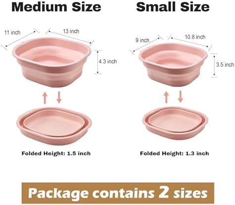 Collapsible Wash Basin Set of 2, Foldable Small Medium Size Wash Basin, Portable Plastic Basins for Laundry, Bottles, Travel, Camping (Pink)