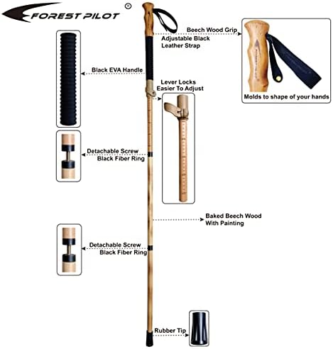 Trekking Poles- 1-pc Pack - Adjustable Hiking or Walking Stick –Strong, Natural Beech Wood - Quick Adjust Flip-Lock - Beech Wood Grip, Leather Strap