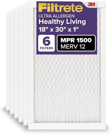 Filtrete 18x30x1 AC Furnace Air Filter, MERV 12, MPR 1500, CERTIFIED asthma & allergy friendly, 3 Month Pleated 1-Inch Electrostatic Air Cleaning Filter, 6-Pack (Actual Size 17.81x29.81x0.78 in)