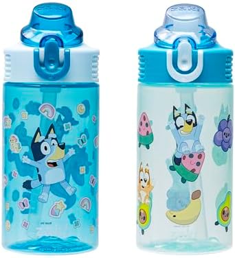 Zak Designs Bluey Sage Kids Water Bottle For School or Travel, 16oz Durable Plastic Water Bottle With Straw, Handle, and Leak-Proof, Pop-Up Spout Cover, 2-Pack Set (Bluey & Bingo)