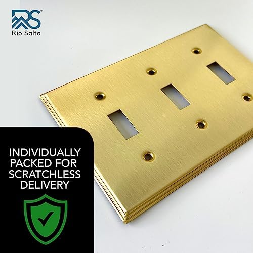 Rio Salto BRASS Modern Metal Gold Triple Toggle Light Switch Metal Wall Plate 3-Gang Toggle Wallplate Cover Wall Plate Light Switch Covers