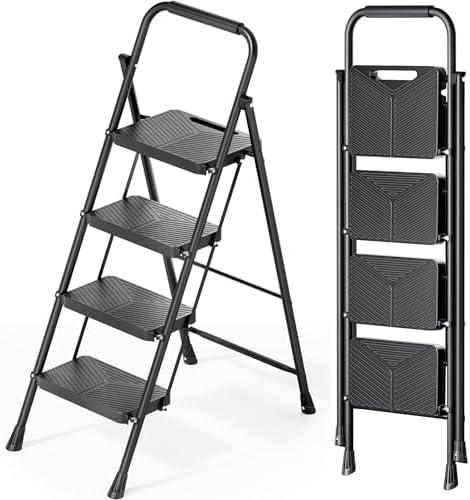 KINGRACK Folding 4 Step Ladder, Portable Ladder for Multi-Purpose, Home, Kitchen, Heavy Sturdy Steel Step Stool with Anti-Slip Wide Pedals, Handrail, Safe-Lock Design, Pass 500lbs Load Testing, Black