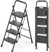 KINGRACK Folding 4 Step Ladder, Portable Ladder for Multi-Purpose, Home, Kitchen, Heavy Sturdy Steel Step Stool with Anti-Slip Wide Pedals, Handrail, Safe-Lock Design, Pass 500lbs Load Testing, Black