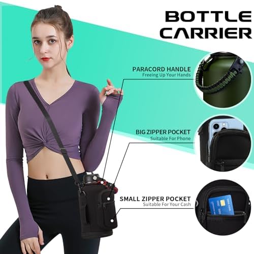 64oz Insulated Water Bottle with Straw & Auto Spout Lid - (Cold 48H & Hot 24H) Half Gallon Stainless Steel Water Jug with Paracord Handle, Metal Tactical Military Water Flask with Carrier Strap Bag